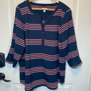 Croft & Barrow Blouse 3/4 sleeve 1/2 Button Women’s XL Navy w/Red/white Stripes